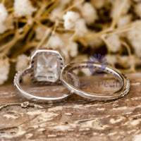 Radiant & Round Cut Moissanite Halo Wedding Bridal Ring Set