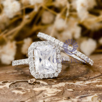 Radiant & Round Cut Moissanite Halo Wedding Bridal Ring Set