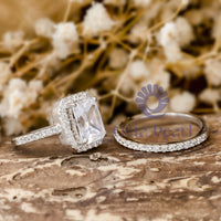 Radiant & Round Cut Moissanite Halo Wedding Bridal Ring Set