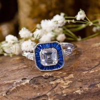 Asscher With Blue Sapphire Baguette Milgrain Bezel Set Art Deco Target Wedding Ring