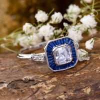 Asscher With Blue Sapphire Baguette Milgrain Bezel Set Art Deco Target Wedding Ring