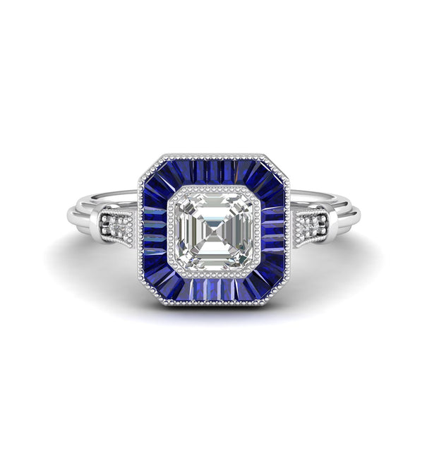 Asscher With Blue Sapphire Baguette Milgrain Bezel Set Art Deco Target Wedding Ring