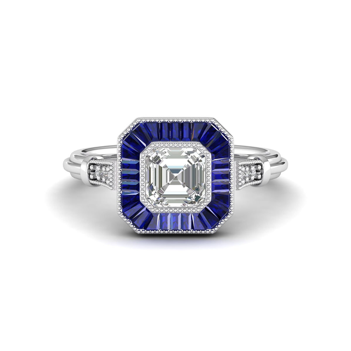 Asscher with Blue Sapphire Milgrain Bezel Art Deco Wedding Ring