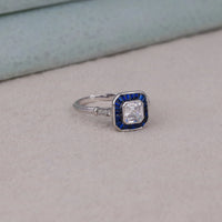 sapphire detailed vintage target band, fine sapphire wedding jewelry for her.asscher cut sapphire wedding ring, art deco target engagement ring, milgrain bezel set sapphire ring, asscher sapphire baguette wedding band, art deco sapphire bridal ring