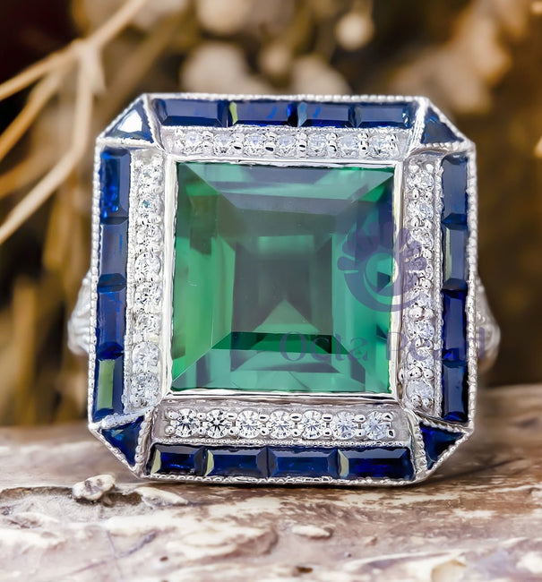 Green Art Deco Wedding Ring Emerald Cut