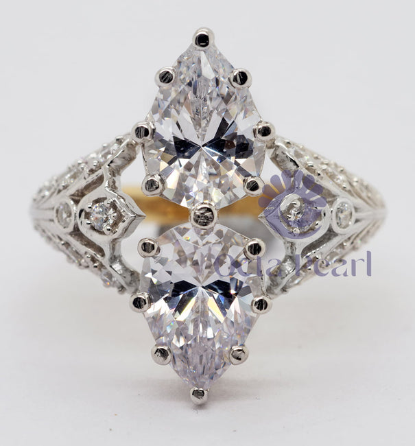 Edwardian Style Pear Cut Two Stone Moissanite Ring