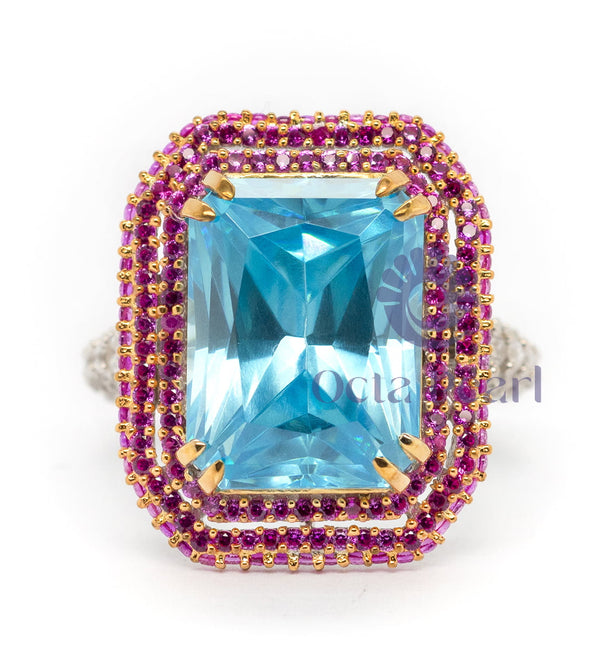 Aqua Radiant Cut Double Halo Split-Shank Ring