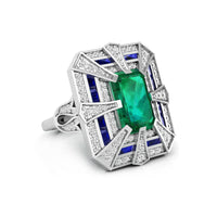 Green Emerald Cut CZ Stone Vintage Art Deco Square Fold Wedding Engagement Ring