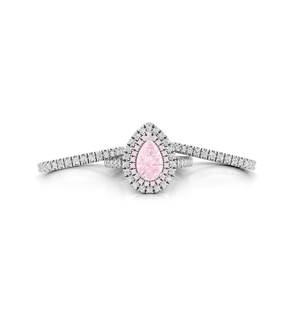 Pink Pear Cut CZ Stone Double Halo Set Solitaire With Accent Stackable Ring Set