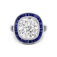 11x10MM Cushion With blue Baguette Cut CZ Stone Vintage look Art Deco Women's Ring