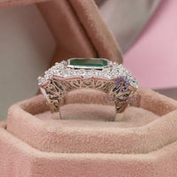 Bezel Set Green Asscher With Surrounded Halo Set Round CZ Stone Art Deco Style Square Ring