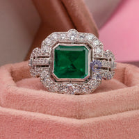 Bezel Set Green Asscher With Surrounded Halo Set Round CZ Stone Art Deco Style Square Ring