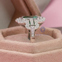 Bezel Set Green Asscher With Surrounded Halo Set Round CZ Stone Art Deco Style Square Ring