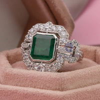 Bezel Set Green Asscher With Surrounded Halo Set Round CZ Stone Art Deco Style Square Ring