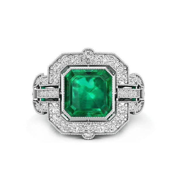 Bezel Set Green Asscher With Surrounded Halo Set Round CZ Stone Art Deco Style Square Ring