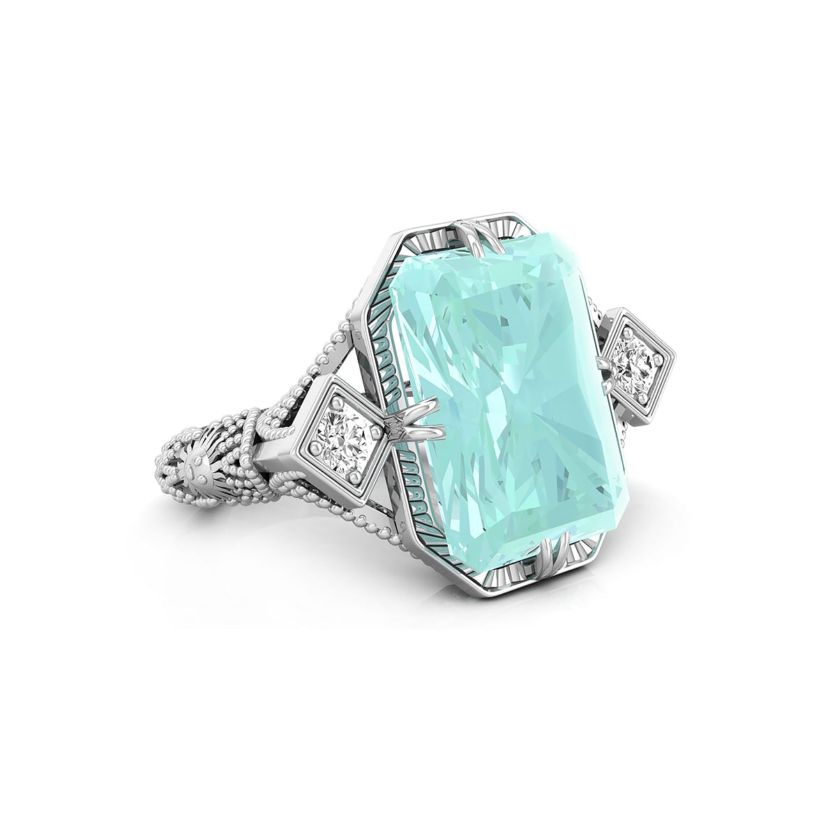 18x14 MM Crystal Aqua Radiant With Round Cut CZ 3-Stone Art Deco Vintage Ring