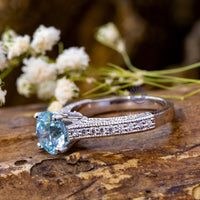 Aqua & White Round Cut CZ Stone Four Prong Set Milgrain Art Deco Engagement Ring