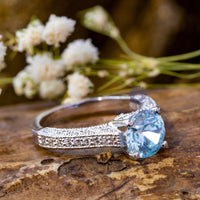 Aqua & White Round Cut CZ Stone Four Prong Set Milgrain Art Deco Engagement Ring