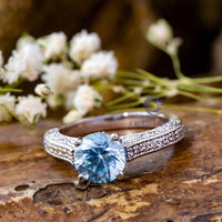 Aqua & White Round Cut CZ Stone Four Prong Set Milgrain Art Deco Engagement Ring