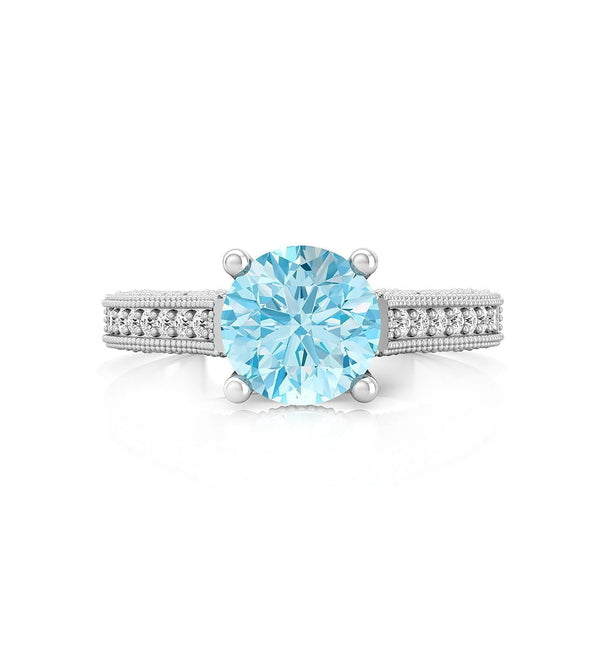 Aqua & White Round Cut CZ Stone Four Prong Set Milgrain Art Deco Engagement Ring