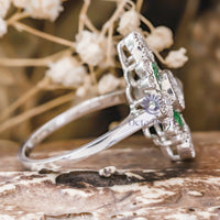 5 MM White Round Cut With Green Baguette Cut CZ Stone Milgrain Bezel Set Art Nouveau Edwardian Ring