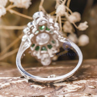 5 MM White Round Cut With Green Baguette Cut CZ Stone Milgrain Bezel Set Art Nouveau Edwardian Ring