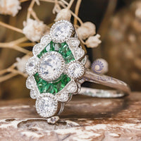 5 MM White Round Cut With Green Baguette Cut CZ Stone Milgrain Bezel Set Art Nouveau Edwardian Ring