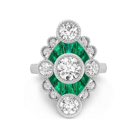 5 MM White Round Cut With Green Baguette Cut CZ Stone Milgrain Bezel Set Art Nouveau Edwardian Ring