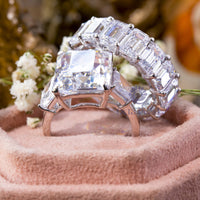 CZ Stone Eternity Stacked Wedding Band With Three Stone Engagement Ring