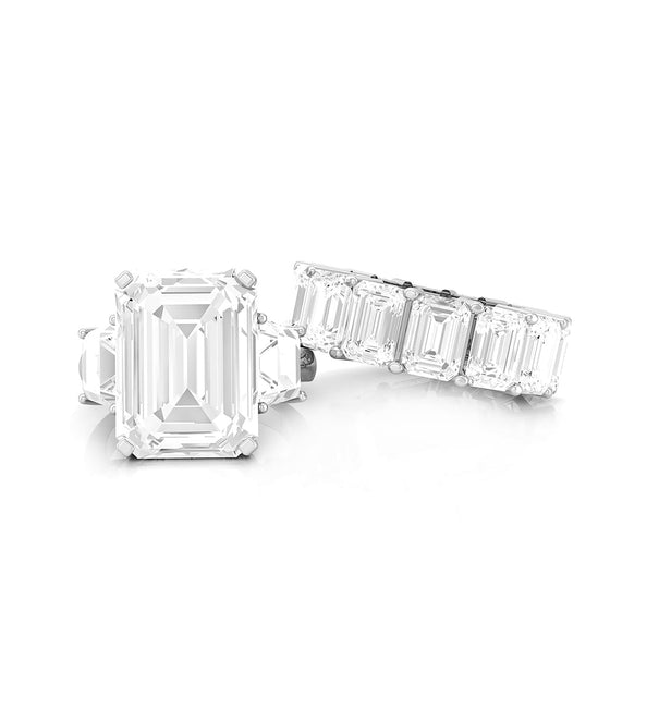 Emerald Cut CZ Stone Eternity Stacked Wedding Band With Three Stone Engagement Ring