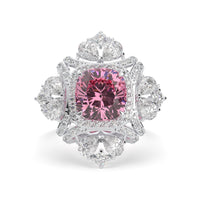 Ring with a pink gemstone and diamond-studded halo on a white background, Pink Cushion & Multi Cut CZ Stone Halo Cocktail Party Wear Ring