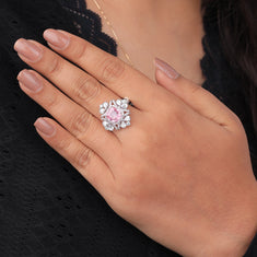 Pink Cushion & Multi Cut CZ Stone Halo Cocktail Party Wear Ring - alternate view