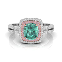 Green Cushion CZ Stone Two Tone Double Halo Engagement Ring