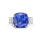 Blue Sapphire Cushion With White Round Cut Three CZ Stone Wedding Proposal Ring