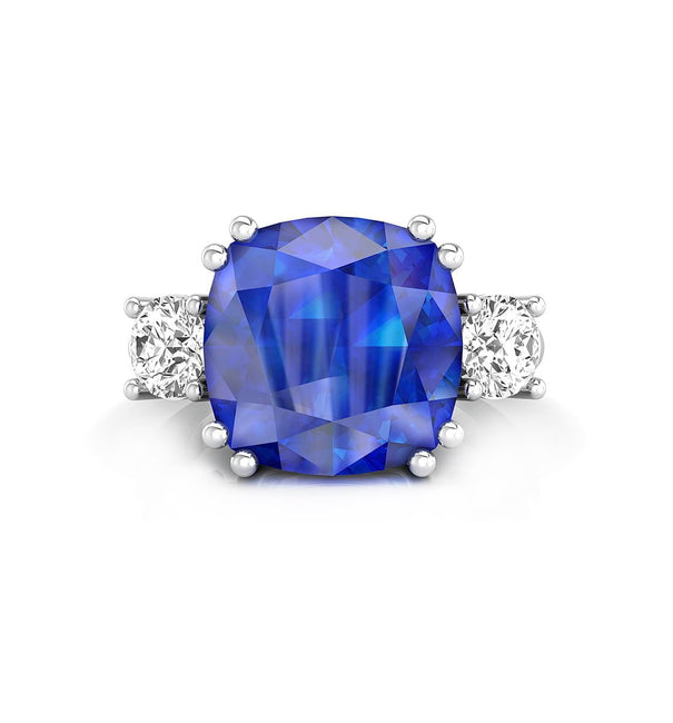 Blue Sapphire Cushion With White Round Cut Three CZ Stone Wedding Proposal Ring