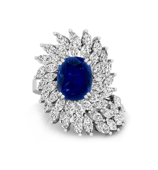 Royal Blue Sapphire Cushion Or White Marquise Cut CZ Stone Swirl Halo Bypass Style Party Wear Ring