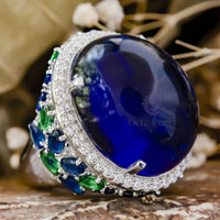 Blue Sapphire Oval Shape Cabochon With CZ Stone Halo Cocktail Party Wear Ring For Women