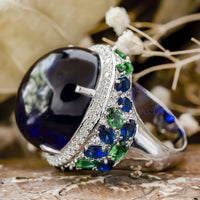 Oval Shape Blue Cabochon With White Round CZ Stone Halo Cocktail Wedding Ring