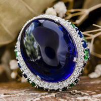 Oval Shape Blue Cabochon With White Round CZ Stone Halo Cocktail Wedding Ring