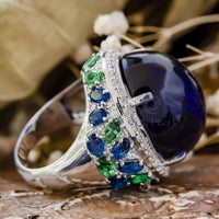 Oval Shape Blue Cabochon With White Round CZ Stone Halo Cocktail Wedding Ring