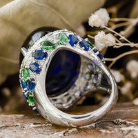 Oval Shape Blue Cabochon With White Round CZ Stone Halo Cocktail Wedding Ring