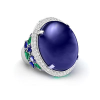 Blue Sapphire Oval Shape Cabochon With CZ Stone Halo Cocktail Party Wear Ring For Women