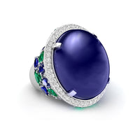 25x20 MM Blue Sapphire Oval Shape Cabochon With CZ Stone Halo Cocktail Party Wear Ring For Women