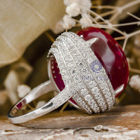 Oval Shape Pink Cabochon With White Round CZ Stone Halo Cocktail Wedding Ring