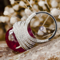 Oval Shape Pink Cabochon With White Round CZ Stone Halo Cocktail Wedding Ring