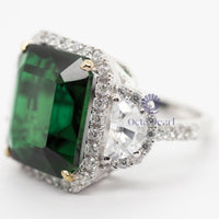 Green Emerald Cut CZ Three Stone Halo Set Party Wear Or Engagement Ring