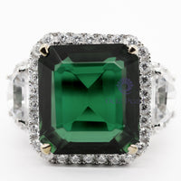 Green Emerald Cut CZ Three Stone Halo Set Party Wear Or Engagement Ring