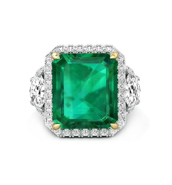 Green Emerald Cut CZ Three Stone Halo Set Party Wear Or Engagement Ring