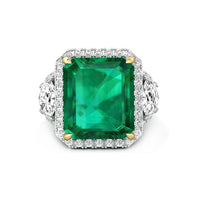 Green Emerald Cut  Three Stone Halo Set Engagement Ring
