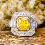 Octagon Shape Halo Princess Cut Ring with yellow CZ stone